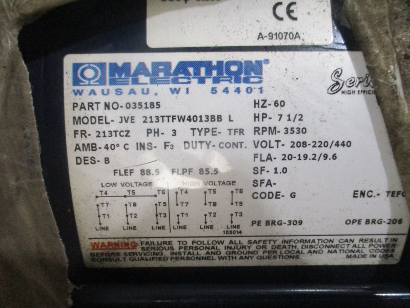 MARATHON ELECTRIC JVE 213TTFW4013BB L 7.5 HP  213TCZ 035185 208-220/440V 20-19.2/9.6A NSMP