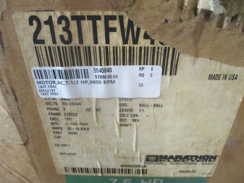MARATHON ELECTRIC JVE 213TTFW4013BB L 7.5 HP  213TCZ 035185 208-220/440V 20-19.2/9.6A NSMP