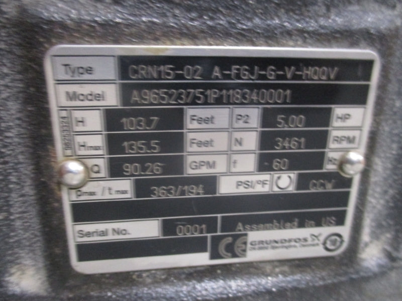 GRUNDFOSS A96523751P118340001 CRN15-02 A-FGJ-G-V-HQQV 208-230/460V 12.2-11.2/5.6A 363/194PSI NSNP