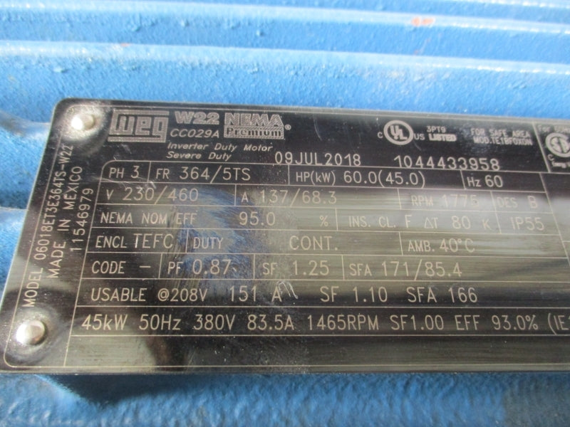 PENTAIR AURORA 344A BF WITH WEG 60 HP MOTOR 18-2542616 230/460V 137/68.3A 5X6X12 NSNP