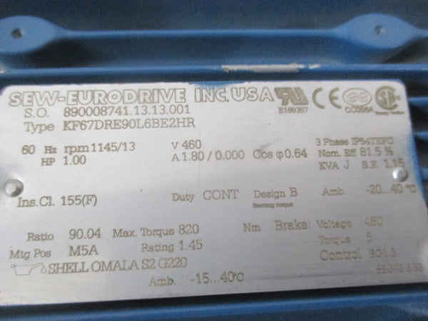 SEW-EURODRIVE KF67DRE90L6BE2HR 460V 1.80A NSNP