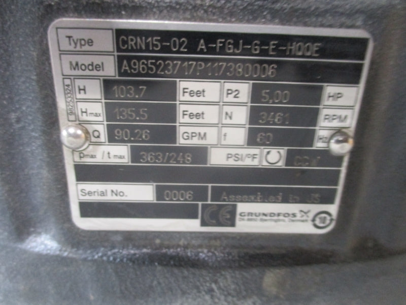 GRUNDFOSS A96523717P117380006 CRN15-02 A-FGJ-G-E-HQQE 208-230/460V 12.2-11.2/5.6A 363/248PSI NSNP
