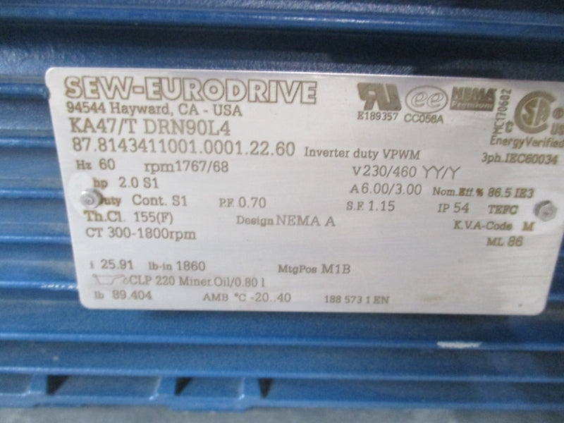 SEW-EURODRIVE KA47/T DRN90L4 230/460V 6.00/3.00A NSNP