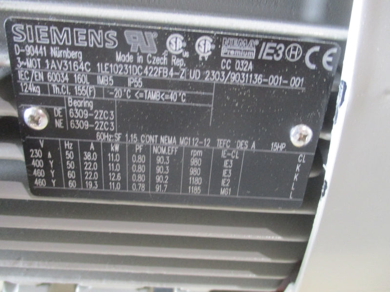 SIEMENS 1LE10231DC422FB4-Z 460V 22.0A NSNP