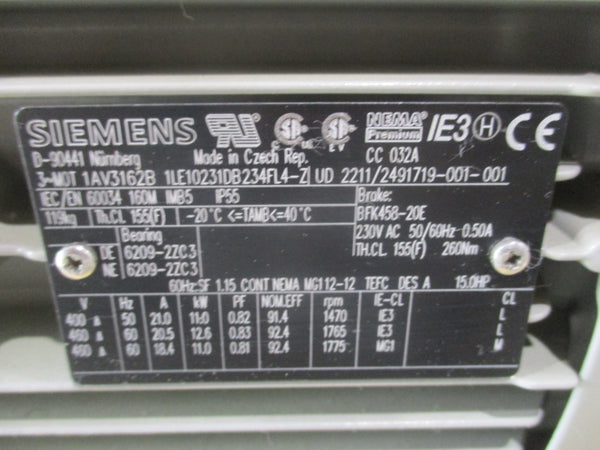 SIEMENS 1LE10231DB234FL4-Z 460V 20.5A NSNP