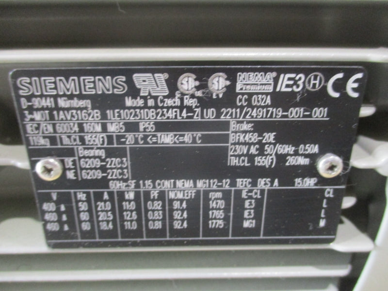 SIEMENS 1LE10231DB234FL4-Z 460V 20.5A NSNP