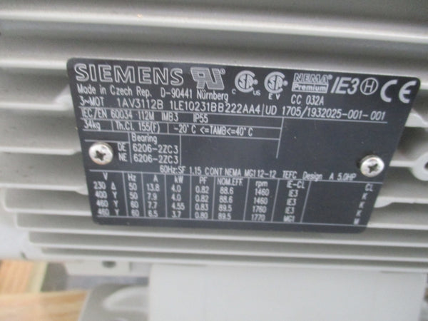 SIEMENS 1LE10231BB222AA4 460V 7.7A NSNP