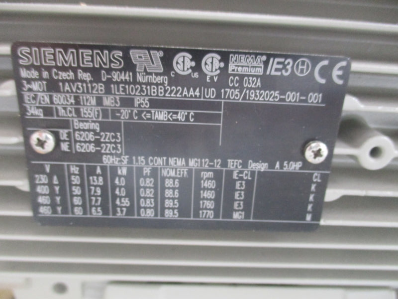 SIEMENS 1LE10231BB222AA4 460V 7.7A NSNP