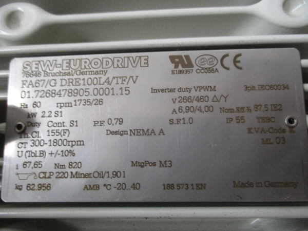 SEW-EURODRIVE FA67/G DRE100L4/TF/V 266/460V 6.90/4.00A NSNP