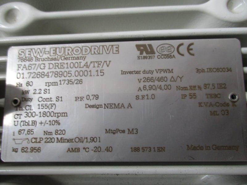 SEW-EURODRIVE FA67/G DRE100L4/TF/V 266/460V 6.90/4.00A NSNP