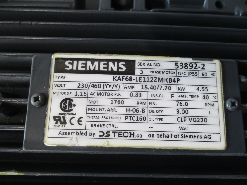 SIEMENS KAF68-LE112ZMKB4P 230/460V 15.40/7.70A NSNP