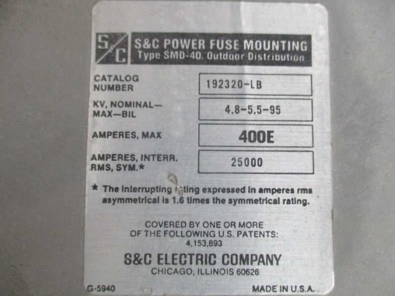 S&C ELECTRIC COMPANY 192320-LB 400EA NSNP