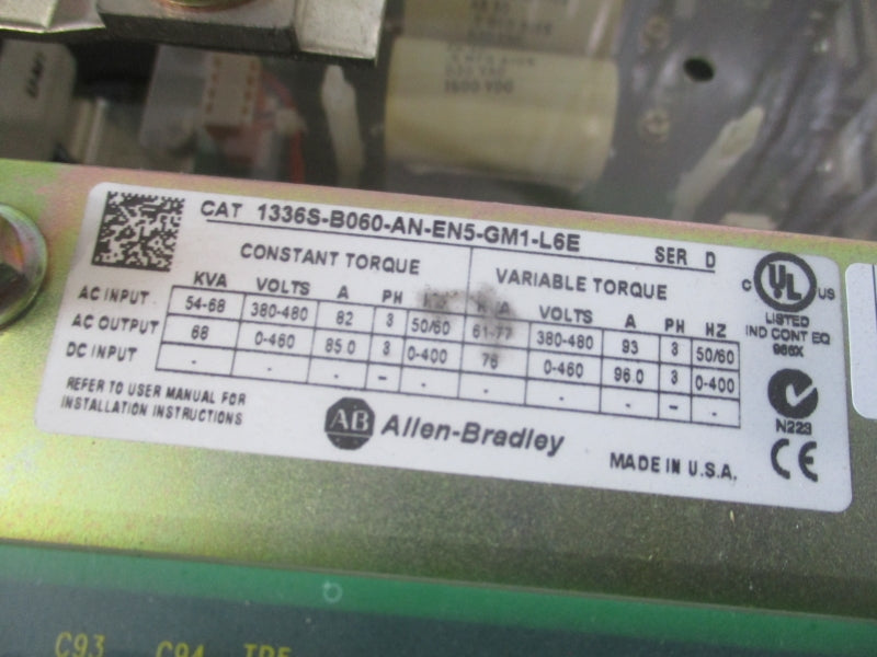 ALLEN BRADLEY 1336S-B060-AN-EN5-GM1-L6E SER. D 380-480V 82A UNMP