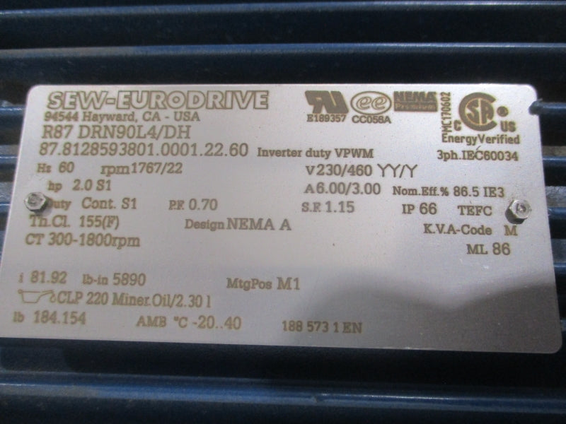 SEW-EURODRIVE R87DRN90L4/DH 230/460V 6.00/3.00A NSNP