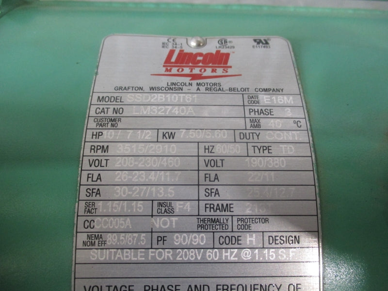 LINCOLN MOTORS SSD2B10T61 LM32740A 208-230/460V 26-23.4/11.7A NSNP