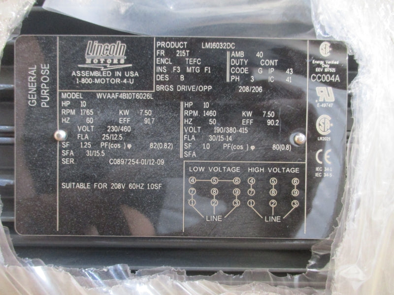 LINCOLN MOTORS WVAAF4B10T6026L LM16032DC 230/460V 25/12.5ANSMP
