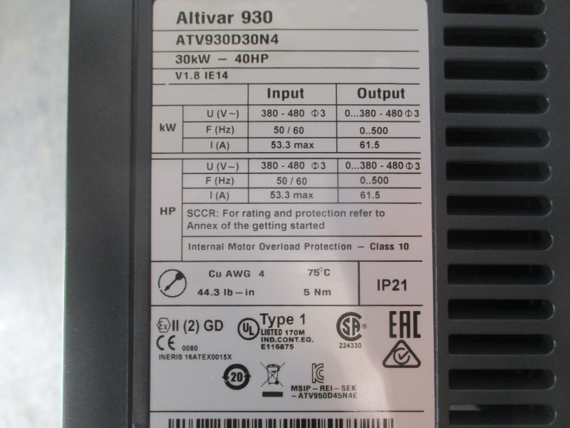 SCHNEIDER ELECTRIC ATV930D30N4 F/W 1.8IE14 380-480V 53.3A (AS PICTURED) NSNP