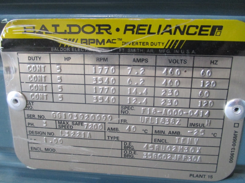 BALDOR F18-A000-0414 460V 7.2/6.2A NSNP
