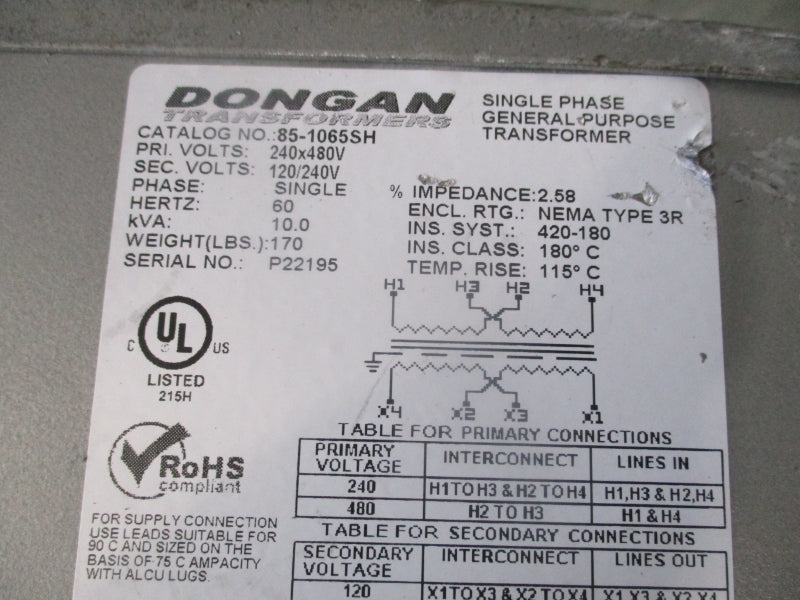 DONGAN TRANSFORMERS 85-1065SH 240/480V (AS PICTURED) NSNP