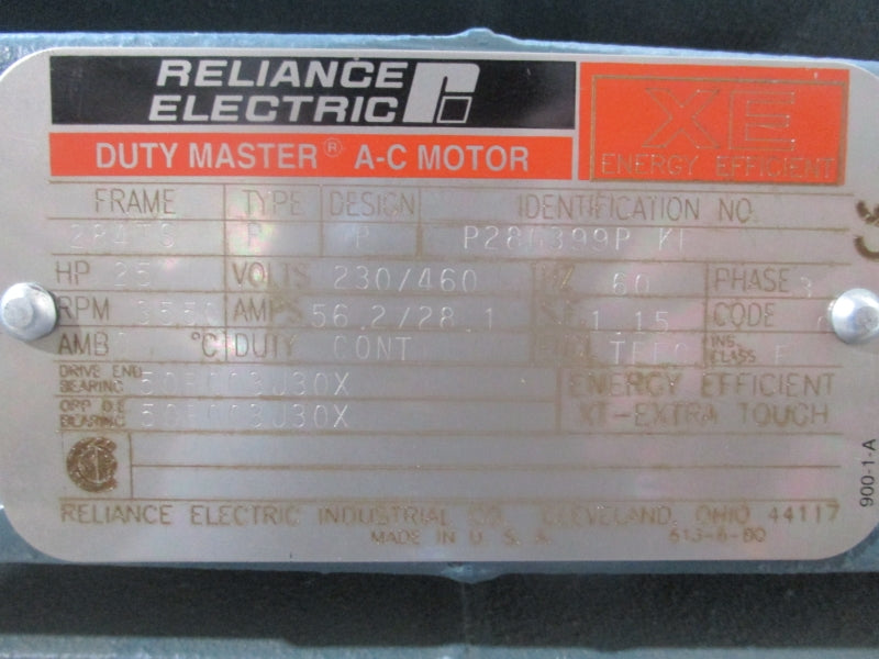 RELIANCE ELECTRIC 25HP 284TS 3550 RPM  P28G399PKE 230/460V 56.2/28.1A NSNP