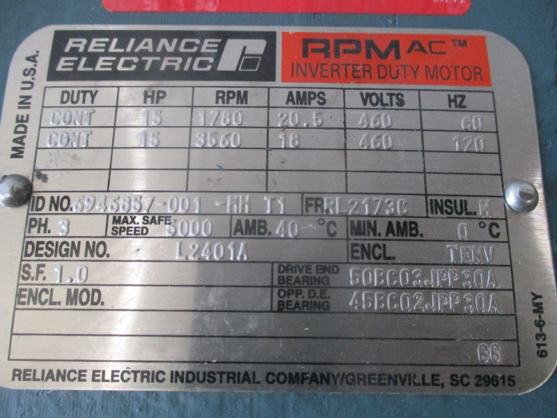 RELIANCE ELECTRIC 6946857-001-MHT1 W/ STEARNS 108705100202 460V 20.5/18A NSNP