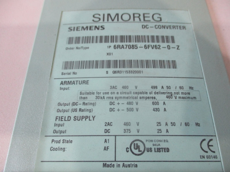 SIEMENS 6RA7085-6FV62-0-Z 460V 25A NSNP