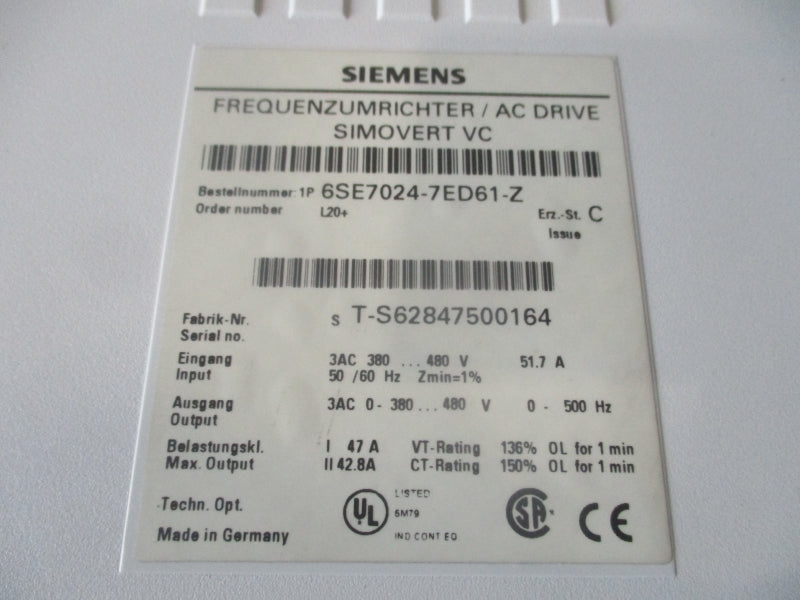 SIEMENS 6SE7024-7ED61-Z 380-480V 51.7A UNMP