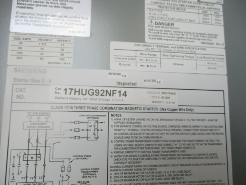 SIEMENS SIZE 3 COMBO 17HUG92NF14 110/120V 25-100A NSMP