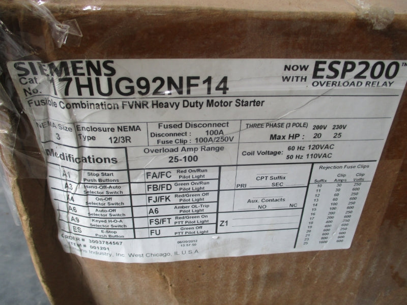 SIEMENS SIZE 3 COMBO 17HUG92NF14 110/120V 25-100A NSMP