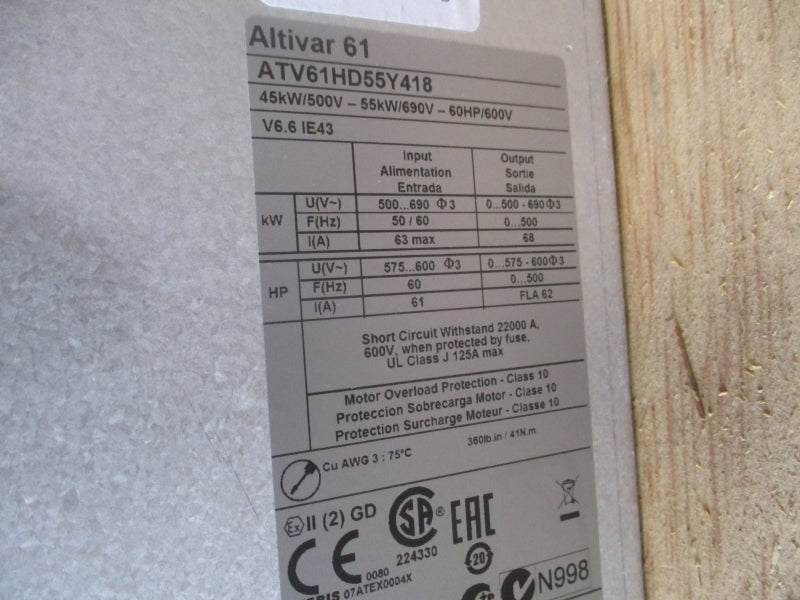 SCHNEIDER ELECTRIC ATV61HD55Y418 F/W V6.6IE43 500-690V 63A NSNP