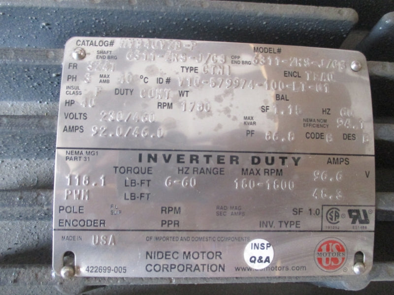 US MOTORS HVW40V2B-F1 230/460V 92.0/46.0A NSMP