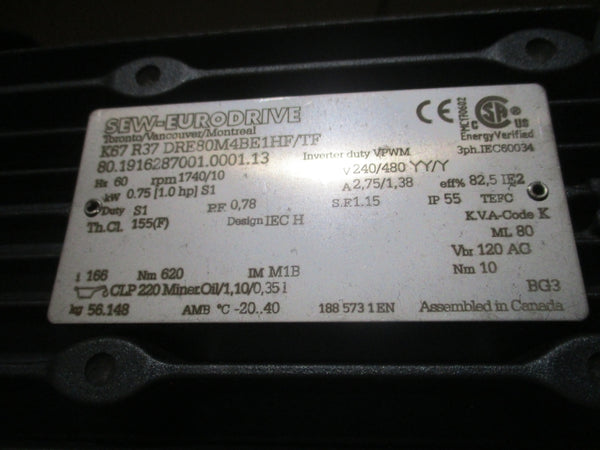 SEW-EURODRIVE K67R37DRE80M4BE1HF/TF 240/480V 2.75/1.35A NSMP