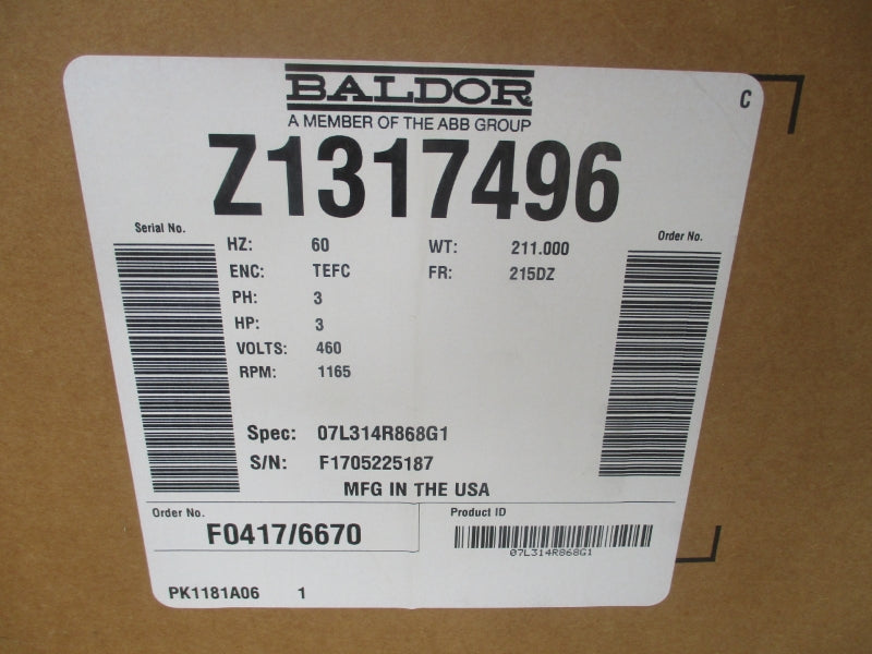 BALDOR 3 HP  1165 RPM Z1317496 07L314R86861 460V 4.5A NSMP