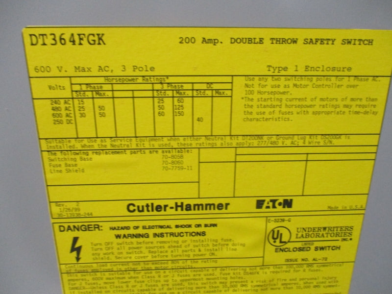 CUTLER HAMMER DT364FGK 600VAC 200A NSMP