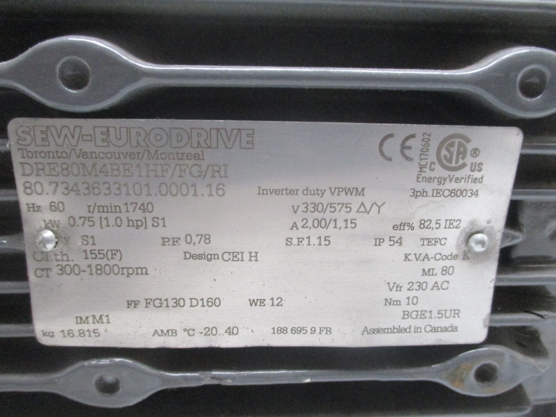 SEW-EURODRIVE DRE80M4BE1HF/FG/RI 330/575V 2.00/1.15A UNMP