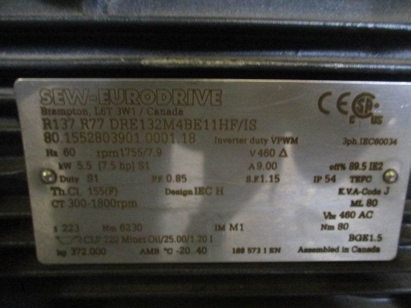 SEW-EURODRIVE R137R77DRE132M4BE11HF/IS 460V 9.00A NSNP