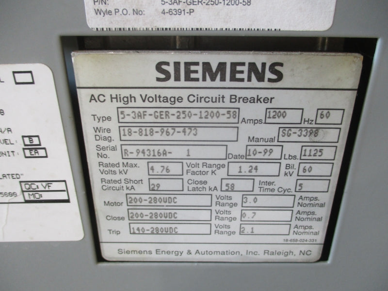 SIEMENS 5-3AF-GER-250-1200-58 200-280VDC 1200A (AS PICTURED) NSNP