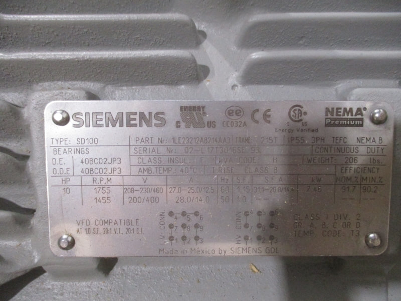 SIEMENS 1LE23212AB214AA3 208-230/460V 27.0-25.0/12.5A NSMP