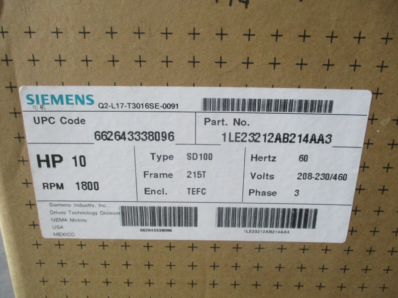 SIEMENS 1LE23212AB214AA3 208-230/460V 27.0-25.0/12.5A NSFS