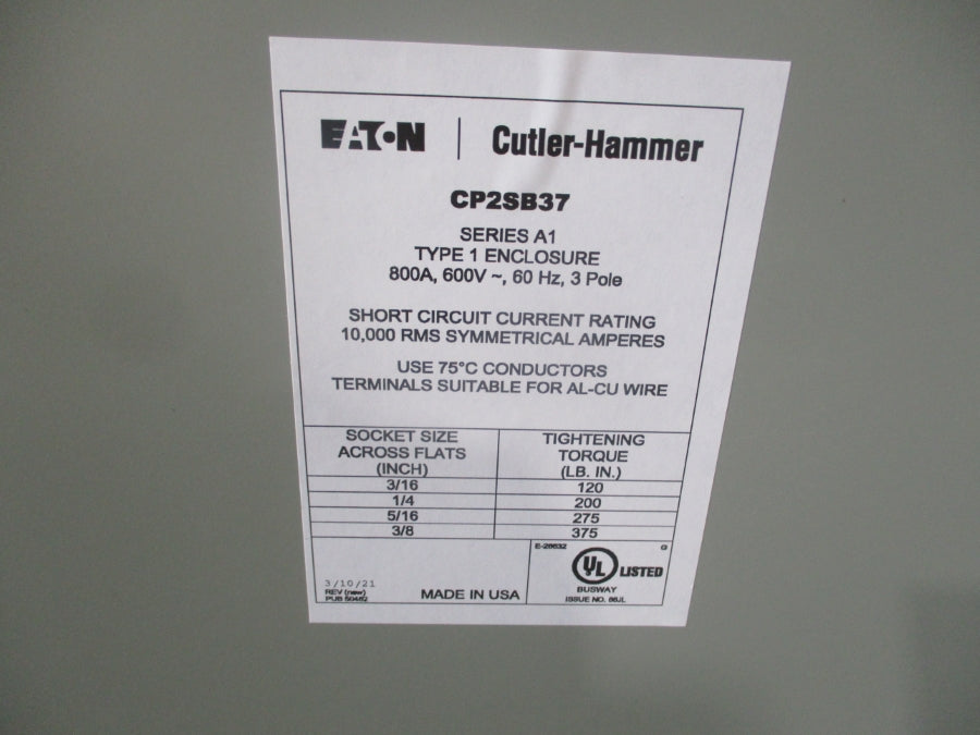 EATON CP2SB37 BUSWAY  SER. A1 600V 800A NSNP