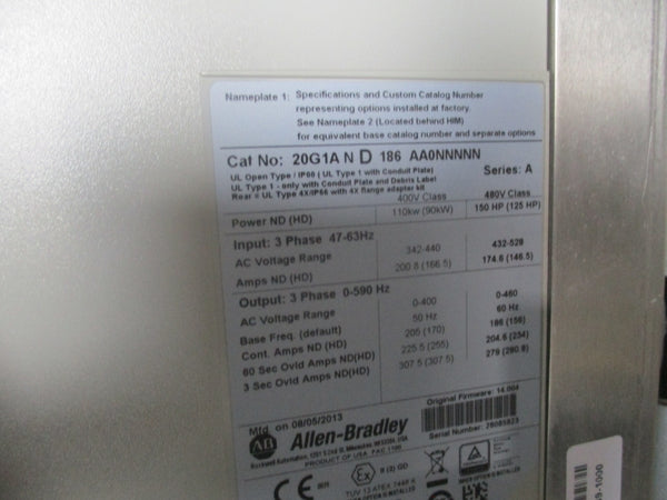 ALLEN BRADLEY 20G1AND186AA0NNNNN SER. A F/W 14.004 342-440V 200.8A REMAN