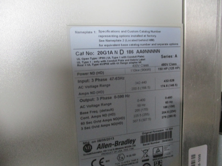 ALLEN BRADLEY 20G1AND186AA0NNNNN SER. A F/W 14.004 342-440V 200.8A REMAN