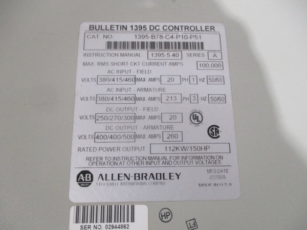 ALLEN BRADLEY 1395-B78-C4-P10-P51 SER. A 460V 20A NSNP