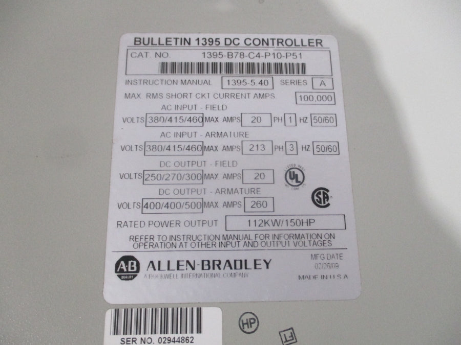 ALLEN BRADLEY 1395-B78-C4-P10-P51 SER. A 460V 20A NSNP