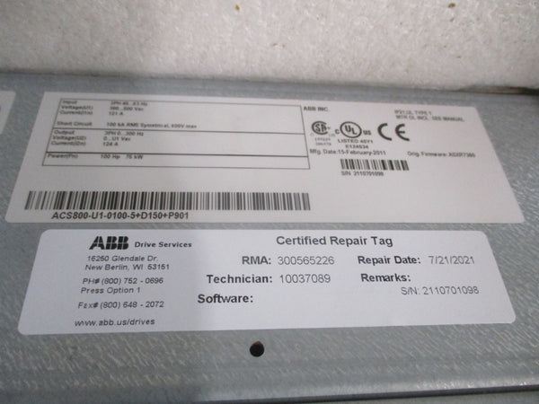 ABB ACS800-U1-0100-5+D150+P901 F/W ASXR7360 360-500VAC 121A UNMP