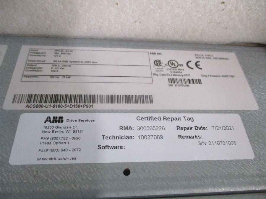 ABB ACS800-U1-0100-5+D150+P901 F/W ASXR7360 360-500VAC 121A UNMP