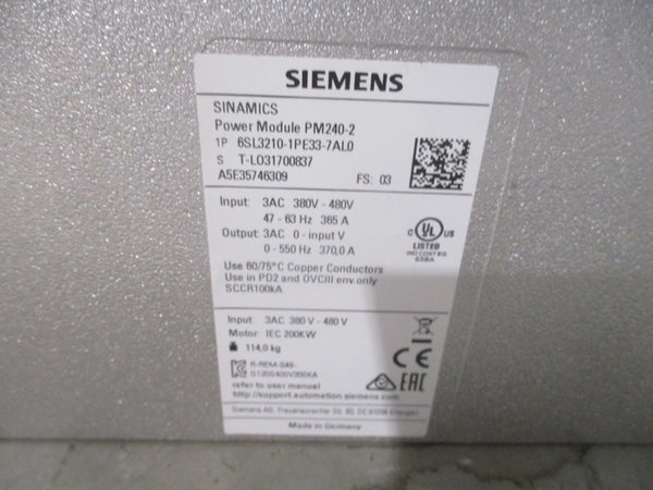SIEMENS 6SL3210-1PE33-7AL0 380-480V 365A NSNP