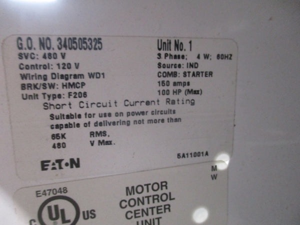 EATON CUTLER SIZE 4 MCC BUCKET W/ AN16NN0 480V 150A NSNP