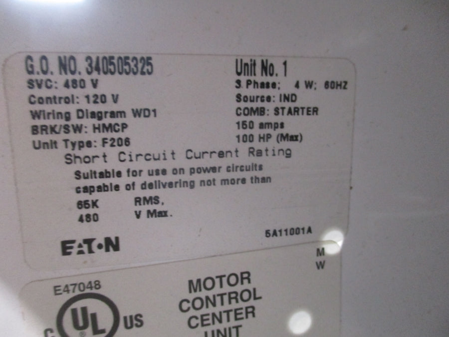 EATON CUTLER SIZE 4 MCC BUCKET W/ AN16NN0 480V 150A NSNP