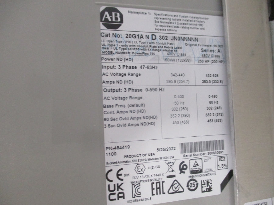 ALLEN BRADLEY 20G1AND302JN0NNNNN SER. A F/W 16.002 342-440V 295.9A NSNP